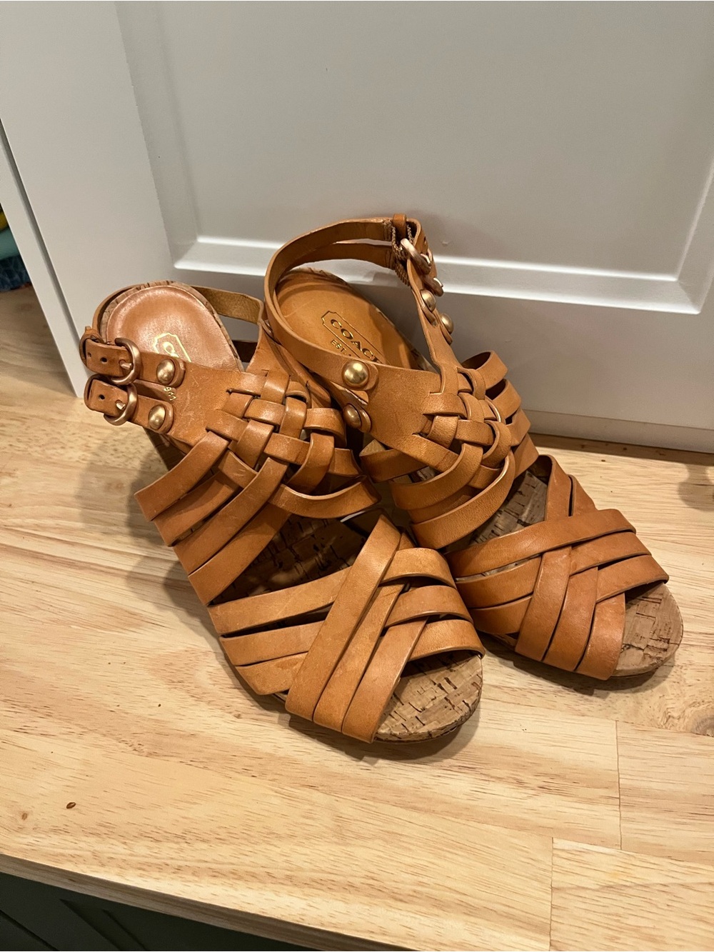 Coach Tan Woven Leather Wedge Sandals